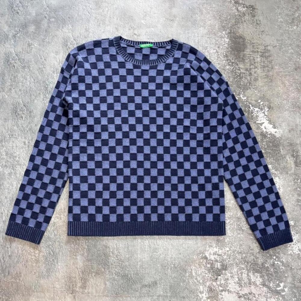Vintage United Colors Of Benetton Blue Checkerboard Sweater. Small